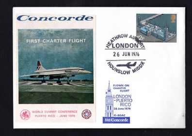 1977 Great Britain Concorde Flight Unaddressed Cover First Charter Flight From London to Puerto Rico for World Summit Conference typing 12p Parliamentary Conference Commemorative Stamp