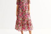 Pink floral tiered midi dress with puff sleeves