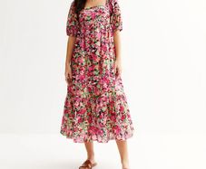 Pink floral tiered midi dress with puff sleeves