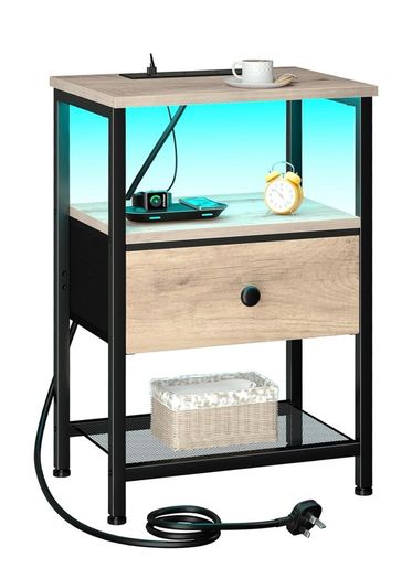 Bedside Table with Charging Station, Small Sofa Side Table with LED Light
