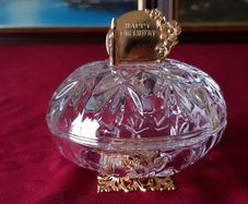 Killarney Crystal Cut Crystal Glass Happy Birthday Lidded Jewelry Dish / Bowl With 22 Carat Gold Cover Handle and Footed Base Finishing Made In Ireland