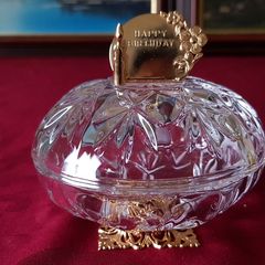 Killarney Crystal Cut Crystal Glass Happy Birthday Lidded Jewelry Dish / Bowl With 22 Carat Gold Cover Handle and Footed Base Finishing Made In Ireland