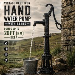 Vintage Cast Iron Hand Water Pump with Stand 20ft 6m Pumping Depth