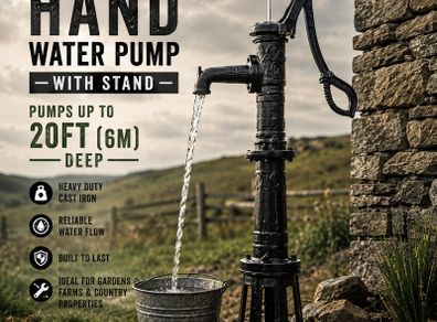 Vintage Cast Iron Hand Water Pump with Stand 20ft 6m Pumping Depth