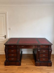 Pedestal Carved Executive Leather Top Mahogany Partners Desk