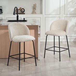 Set of 2 Bar Stools with Backrest and Footrest Padded Steel Legs Beige
