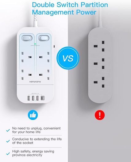 4 Way Surge Protected Extension Lead with USB Slots Multi Plug Power Strip Extension Cable with Double Switches, Plug Extension Socket 1.8M Braided Extension Cord for Home Office Accessories Brand: HANYCONY