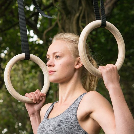 Top Quality Olympic Strength Gym Rings Made of Wood (32mm)with Buckle Straps