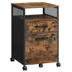 Roll container, filing cabinet, office cabinet with drawers, universal castors, open compartment, steel frame, industrial design, vintage brown + black