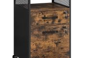 Roll container, filing cabinet, office cabinet with drawers, universal castors, open compartment, steel frame, industrial design, vintage brown +black