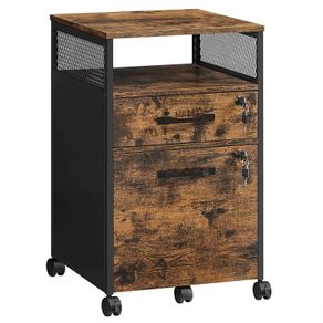 Roll container, filing cabinet, office cabinet with drawers, universal castors, open compartment, steel frame, industrial design, vintage brown +black