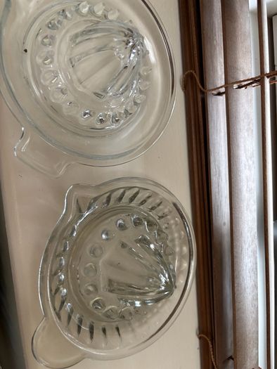 A bundle of vintage - retro pieces, Carnival Glass , Anchor Hocking Fire King, Large Ribbed Glass Butter Dish, Citrus Juicer, Three Footed Glass Sugar Bowl and Jug