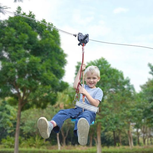 Zipline Kit for Kids and Adult, 48.77 m Zip Line Kits Up to 226.8 kg, Backyard Outdoor Quick Setup Zipline, Playground Entertainment with Stainless Steel Zipline, Spring Brake, Safety Harness, Seat