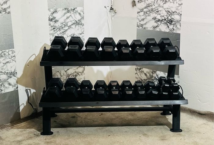 Hex Dumbbells With 2 Tier Rack