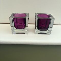 Murano Technique Two Colour Art Glass Candle Holders
