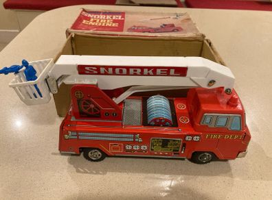 Yonezawa Japan Tin Battery Operated Snorkle Fire Engine Mint in Box