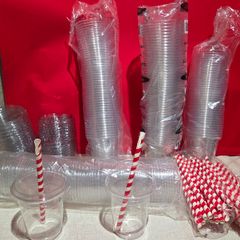 clear plastic cups and lids can be used fir drinks or filled with jellies and marsmallows