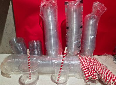 clear plastic cups and lids can be used fir drinks or filled with jellies and marsmallows