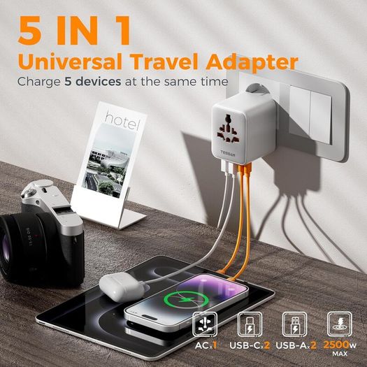 Universal Travel Adapter, Travel Plug Adapter Worldwide with 1 Universal AC Outlet 4 USB Ports (2 USB C), International Plug Adaptor for UK to Europe USA Australia (Type C G A I) Grey White