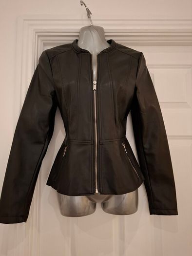 New, Vero Moda Black Peplum Collarless Soft Faux Leather Jacket - Size M (UK10)