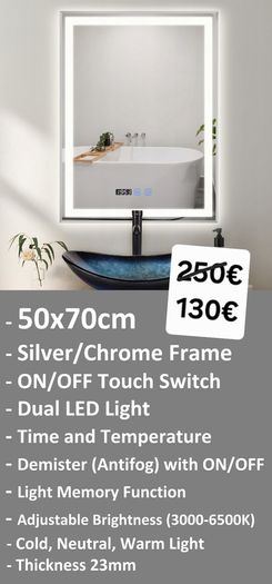 LED Bathroom Mirror 50x70cm Antifog Defogger