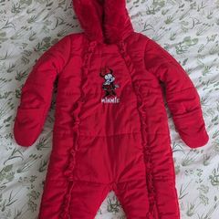 Disney Minnie Mouse Baby Girls Red Snowsuit / Pramsuit Fur Trim 12-18  months.
