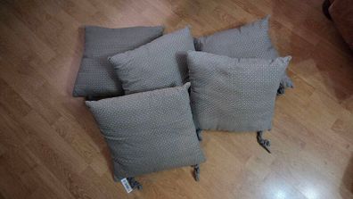 Set of 5 Grey & Yellow Geometric Chair Cushions / Pads with Ties