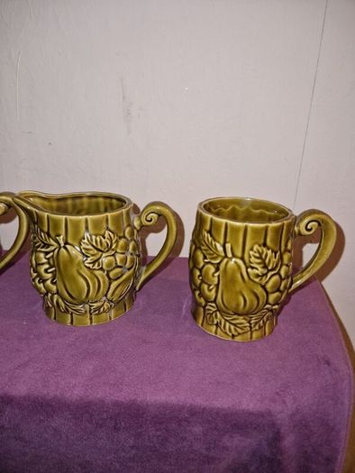 Vintage Japanese green embossed ceramic pair of mugs and milk jug
