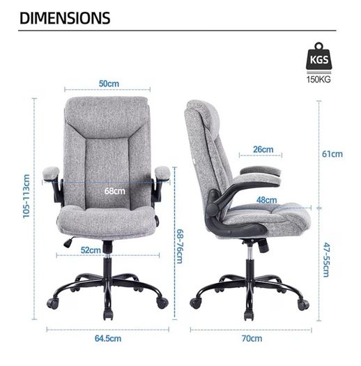 Office Chair for Home Office, Ergonomic Heavy Duty Desk Chair with Flip-up Arms & Lumbar Support, Comfortable Padded Swivel Computer Chair for Bedroom Study, 150KG Capacity, Grey