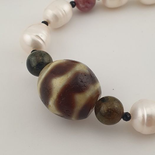 Himalayan Dzi Agate Pendant Necklace with Genuine Freshwater Pearls & Tourmaline