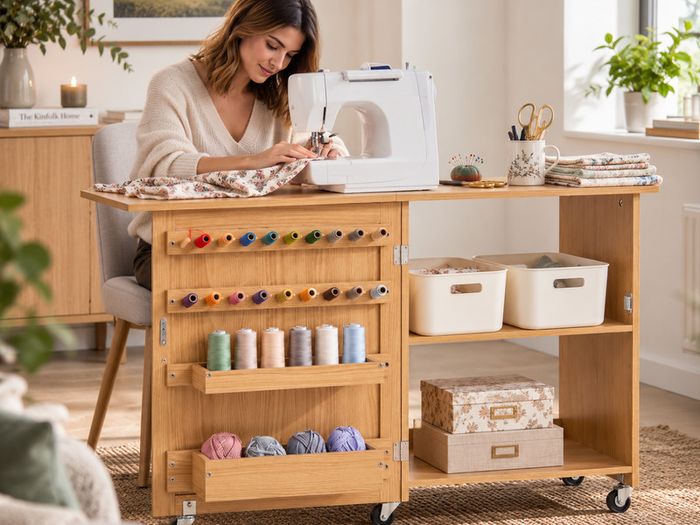 Folding Sewing Machine Table with Storage, 20 Thread Pegs & Wheels
