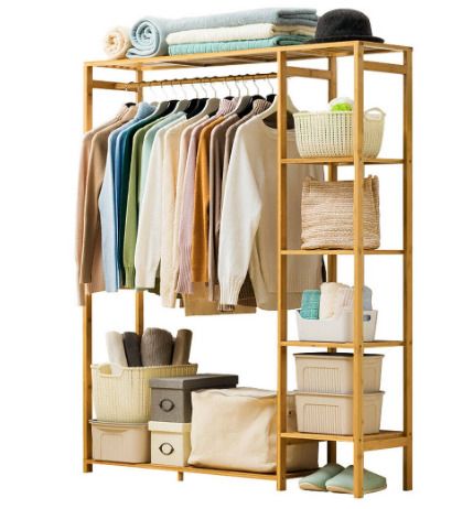 Bamboo Wood Clothing Garment Rack with Shelves Clothes Hanging Rack Stand for Child Kids Adults Cloth Shoe Coat Storage Organize