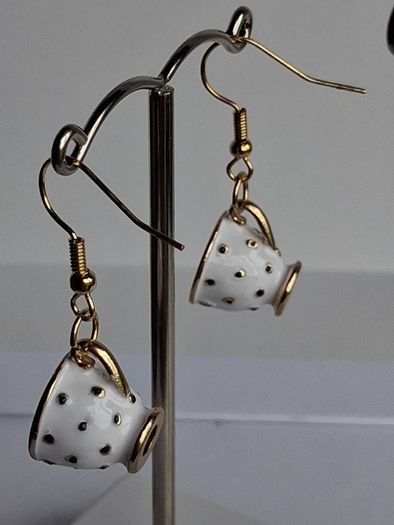 White & Gold Spotty Mini Teacup Drop Earrings