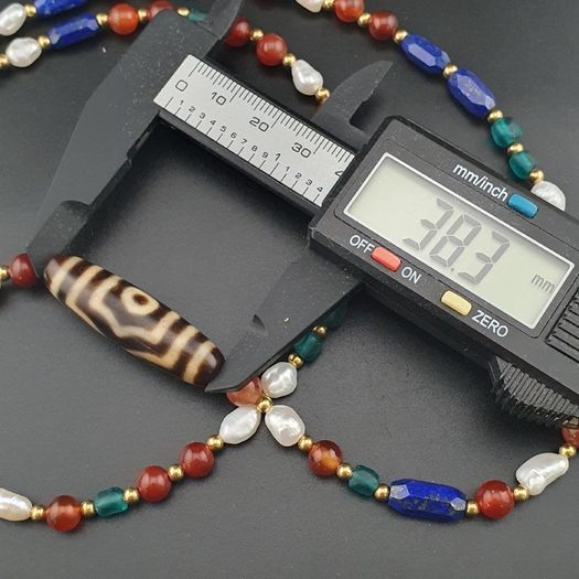 Antique Himalayan Tibetan 3 Eyes Agate Dzi Bead With Mix Lapis,carnelianPearls Necklace
