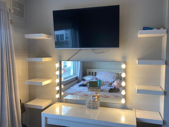White dressing table with mirror, Hollywood lights, shelves and chair