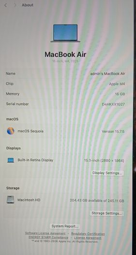 APPLE MacBook Air 15" (2025) - M4, 256 GB SSD, Midnight Maximum capacity :100% Cycle count: 91
