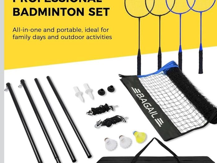 Outdoor Badminton Net Set with Anti-Sag Winch System - Official Size 6.1x1.55m, 4 Rackets, 3 Badminton Balls, Durable PE Net and Carrying Bag for Backyard, Beach and Family Games