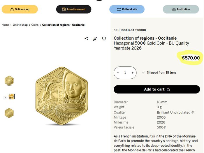 France 500 Euro Gold (.9999) Brilliant Uncirculated Coin 2026 - Occitanie - Collection of regions