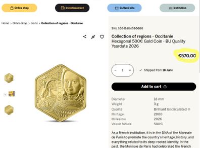 France 500 Euro Gold (.9999) Brilliant Uncirculated Coin 2026 - Occitanie - Collection of regions