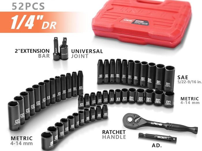 1/4-Inch Drive Impact Socket Set, 52 PCS Mechanic Tool Set with Ratchet & Adapter, CR-V, Metric and Standard Full Sockets with Storage Tool Kit for Household & Automotive Repair & DIY Project