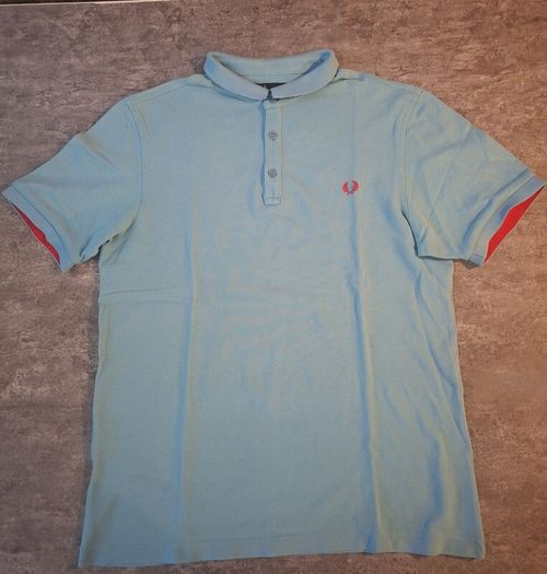 Fred Perry Men's Large Short Collar Polo Light Blue Coral Red