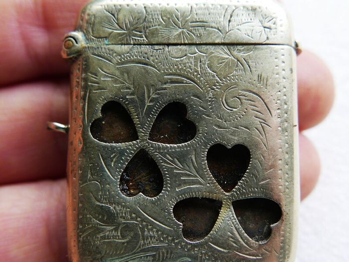 Vintage Silver Plated Vesta Case Matchsafe Irish Connemara Shamrock Lucky