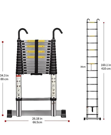 Telescopic Ladder 4.1M 13.5FT Aluminium Extension Loft Ladder with Stabilizer Bar and Detachable Hooks, Multi Purpose Extendable Portable Folding Ladders, EN131 (4.1M/13.5FT)
