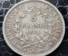 1874  France  5 Francs Hercule 3rd republic Silver coin