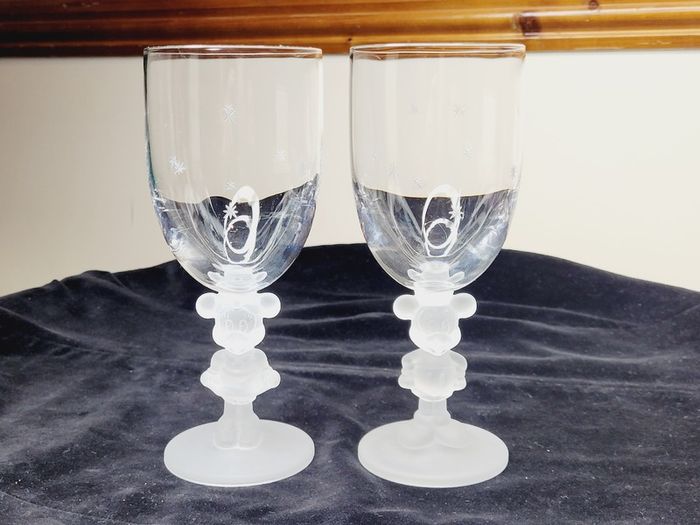 Vintage Disney Mickey & Minnie Mouse Frosted Figural Stem Glasses Made in Japan Set of 2