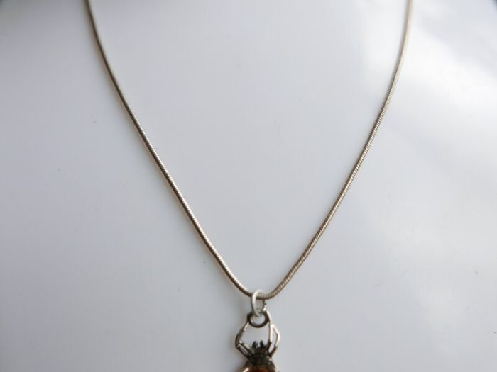 Vintage 925 Sterling Silver and Genuine Baltic Amber Spider Pendant length 16" - 4,8g
