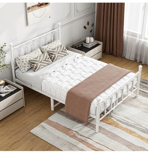Double Bed Frame with Headboard and Footboard,Metal Platform Bed Frame Double Bed With Storage No Box Spring Needed,Strong Steel Slat Support/Mattress Base/White