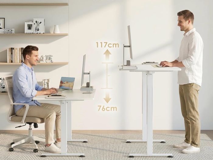 Electric Standing Desk, 120x60cm Height Adjustable Desk with 2 Memory Presets, Quiet Sit Stand Desk for Home Office Bedroom Living Room, Ergonomic Computer Desk with Hooks & Cable Holes, White