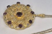 Vintage 1930s Art Deco Czech Purple Glass Pendant Necklace Goldtone Filigree