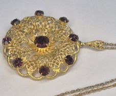 Vintage 1930s Art Deco Czech Purple Glass Pendant Necklace Goldtone Filigree
